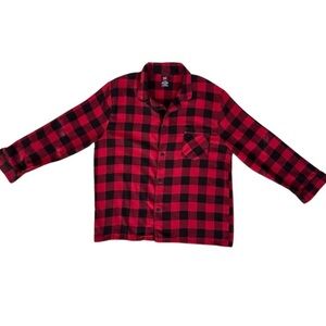 Hanes Women Flannel Shirt Size L Red & Black Plaid Button-Up Long Sleeveless